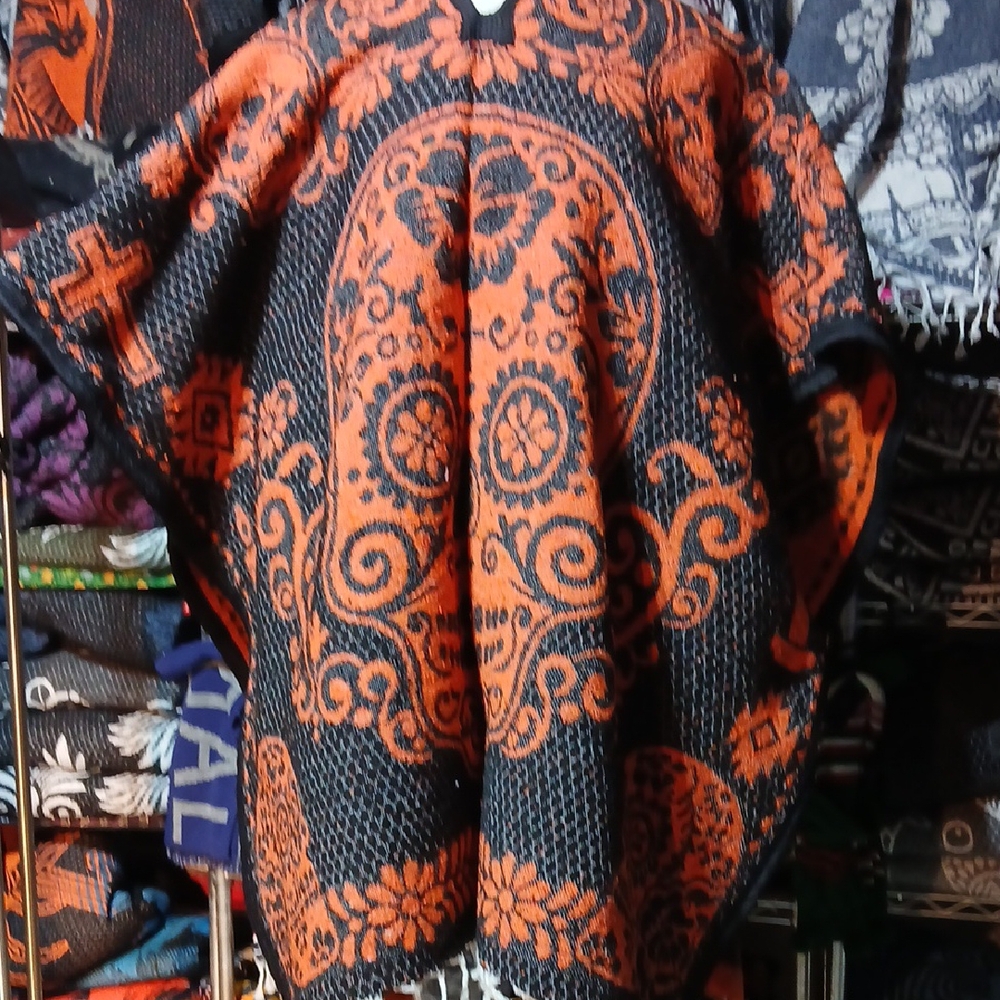Mexicana Black and Orange Paisley Poncho
